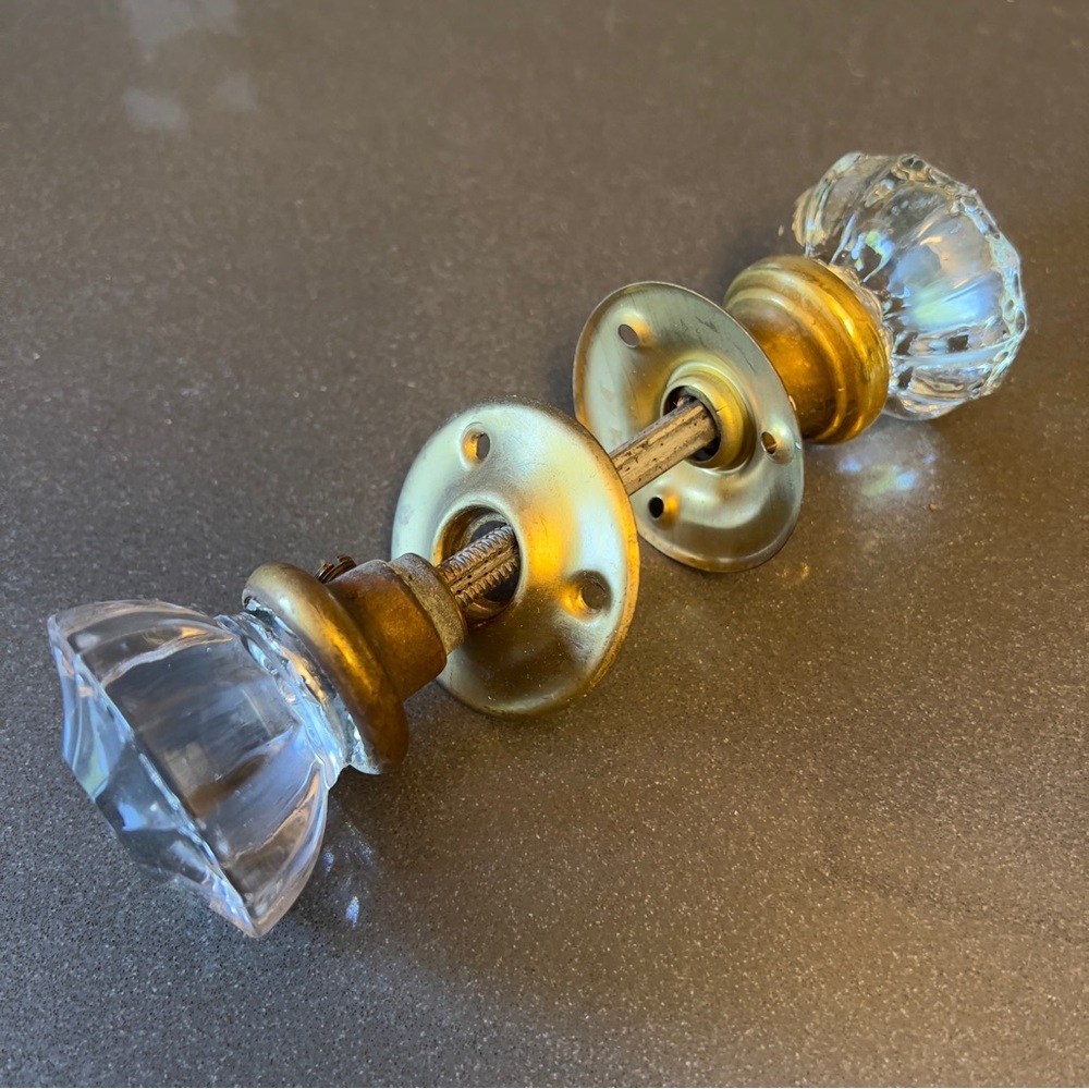 Antique Crystal Glass and Brass 12 Point  Victorian Door Knob Set 2